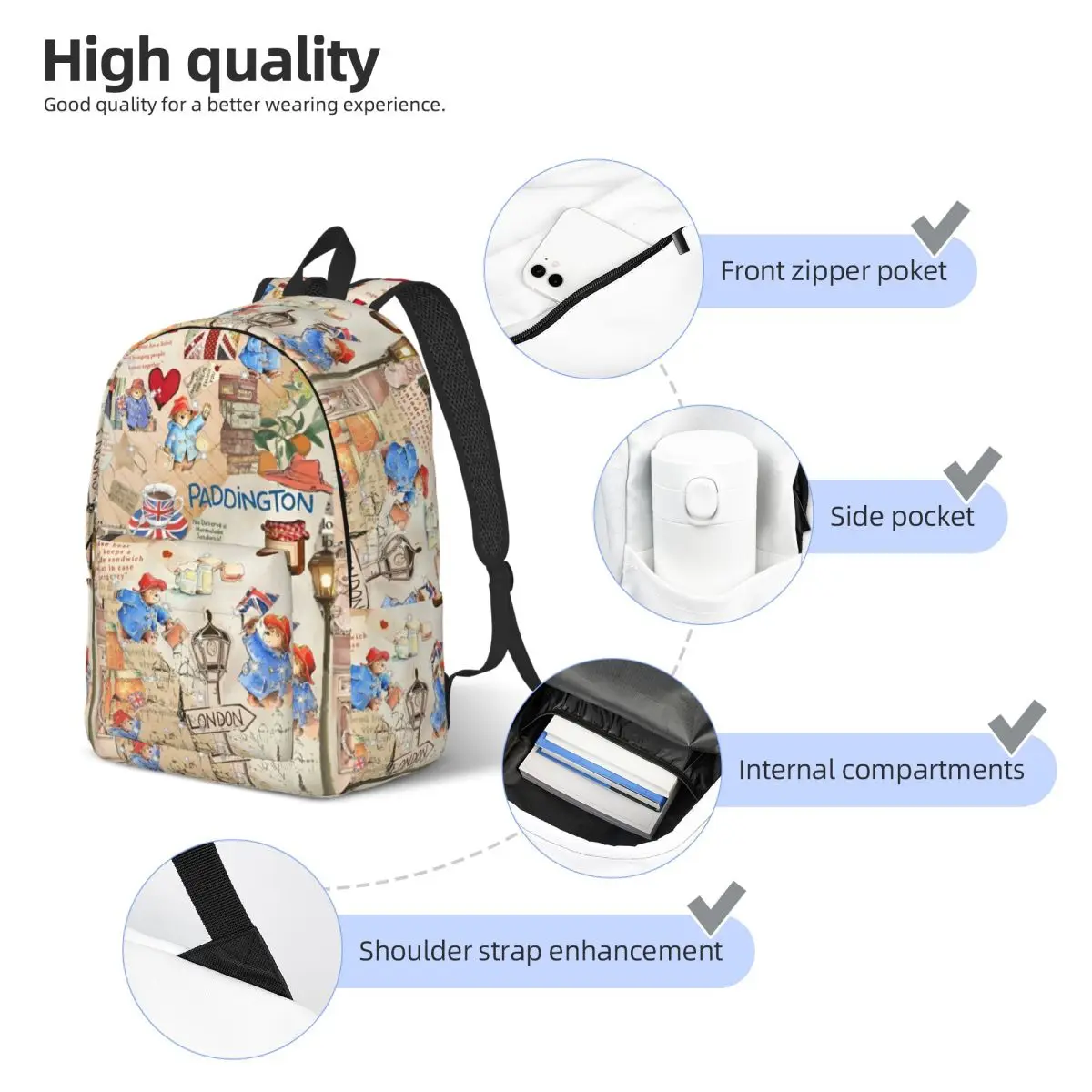 Grã-bretanha paddington urso marrom mochila para homens mulheres estudante caminhadas viagem daypack bonito filme dos desenhos animados faculdade bolsa de ombro presente