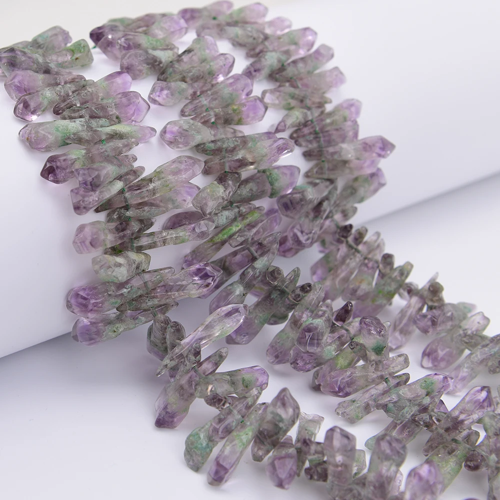 APDGG Big Natural Purple Amethyst With Green Quartz Rough Top Drilled Freeform Stick Loose Pendant Beads 17'' Strand