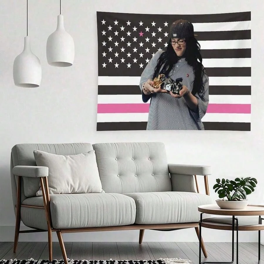 1pc Musical Singer Billie Flag | Pink USA Flag Tapestry | Eilish Aesthetic Music Wall Decor | Dorm Room Art | Pop Singer Wall Ar