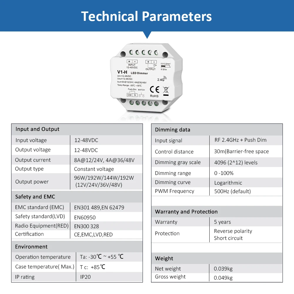 V1-H LED Dimmer 12V 24V 48V R11 Touch Dimmer Interruttore dimmer Puch remoto Relè WiFi per striscia LED monocolore Nastro luminoso