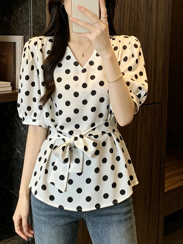 

plus Size Summer New Women's High Grade Acetate Satin Polka Dot V-neck Short Sleeve Shirt Waist Cinching Top for Fat MM