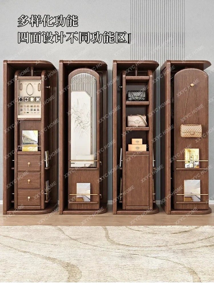L modern solid wood corner cabinet walnut coat rack small apartment rotating storage cabinet full-length mirror
