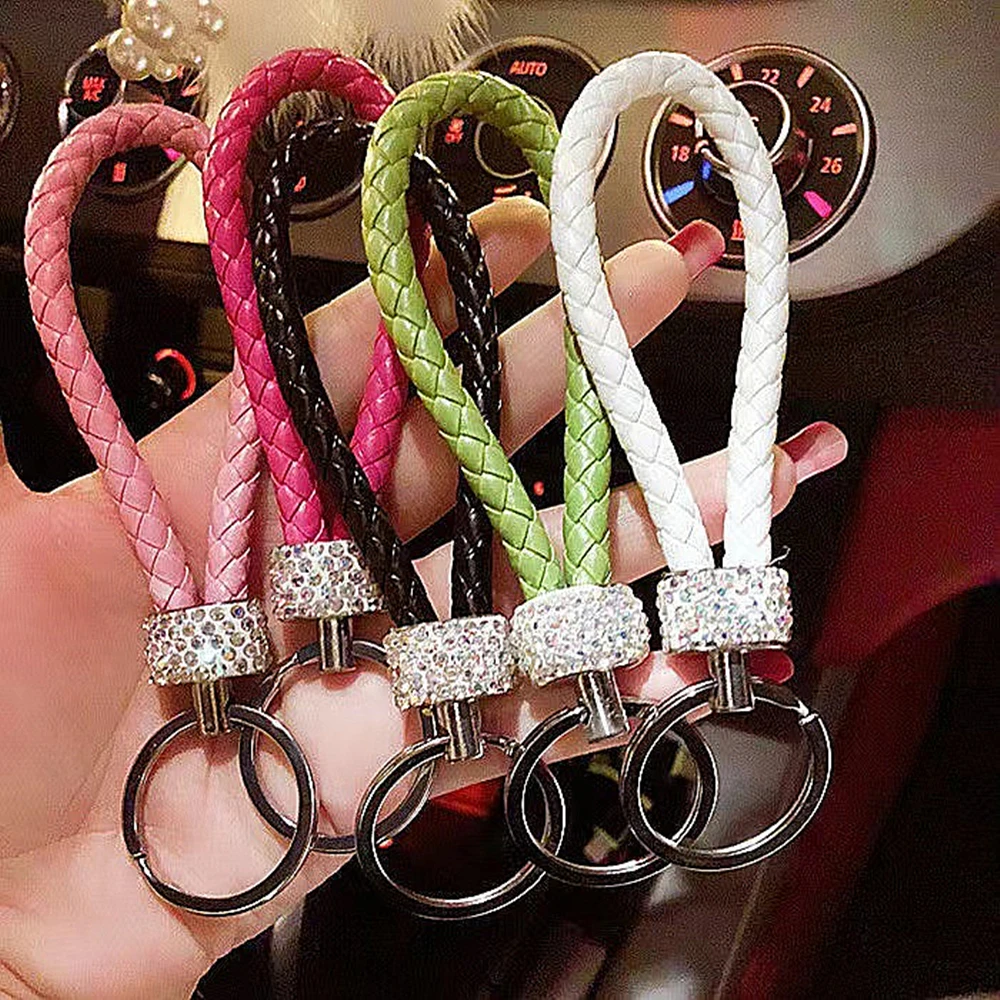 Creative Hand Woven Leather Car Keychain With Diamond Women Men Wallet Backpack Charm Bling Crystal Rope Keyring For Couple Gift
