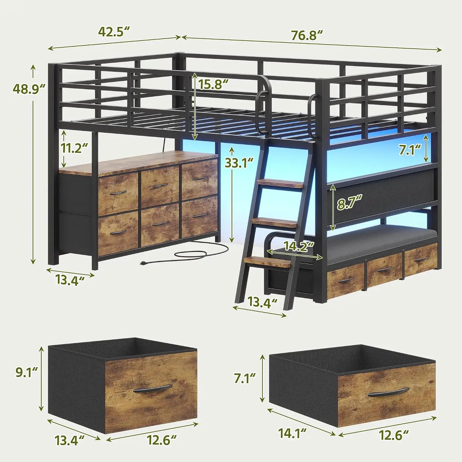 Twin Low Kids Loft Bed with Desk, 9 Drawers & 15.8