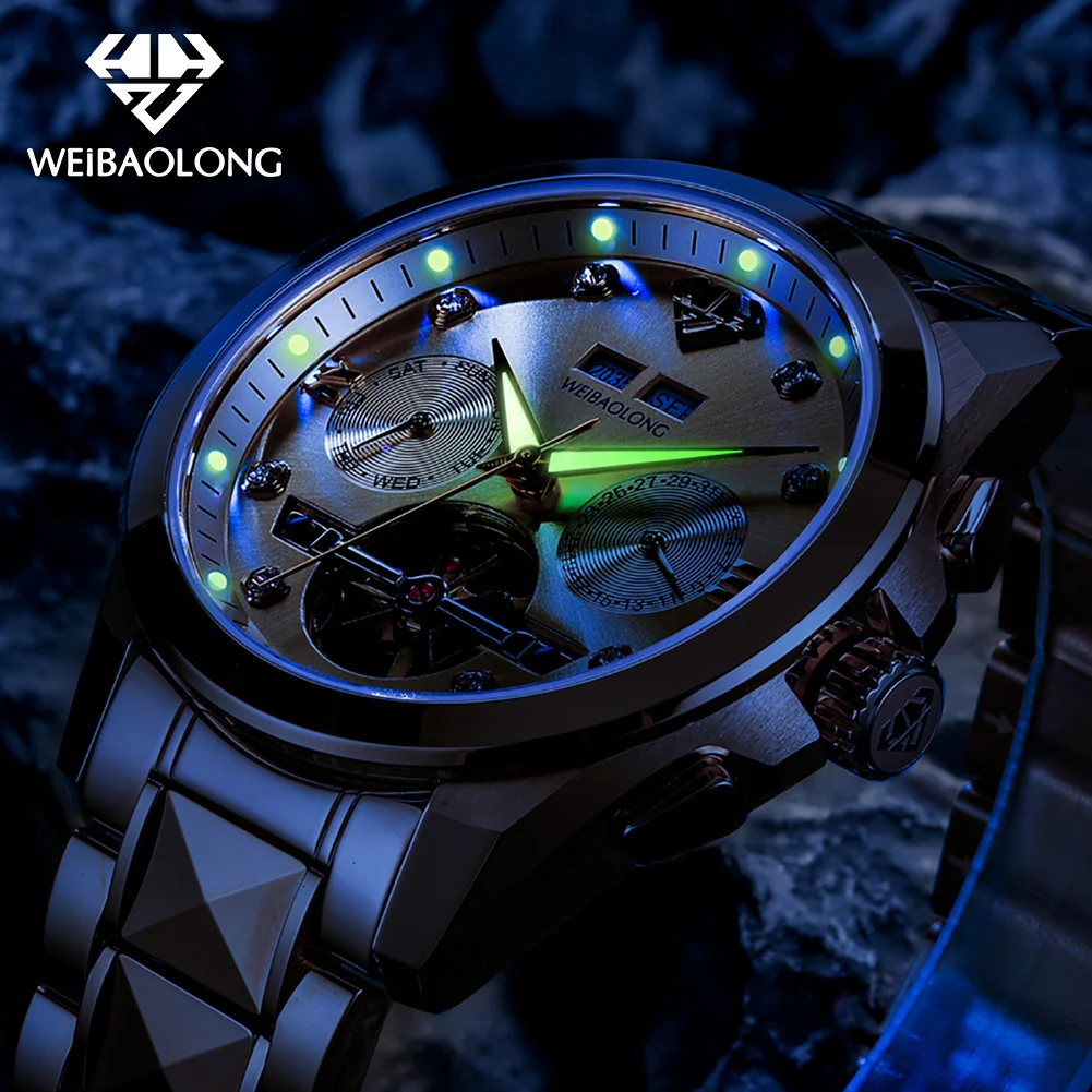 WEIBAOLONG 3801 Men Watch Luxury Skeleton Flywheel Men Automatic Mechanical Watch Tungsten Steel Brand True Diamond Watch Gift