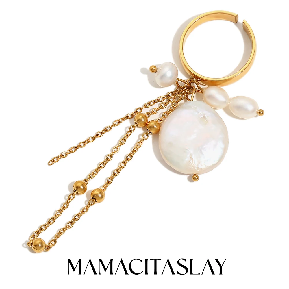 

MamacitaSlay Unique Design Freshwater Pearl Beads tassels rings trendy women's stainless steel jewelry Luxury quality jewelry