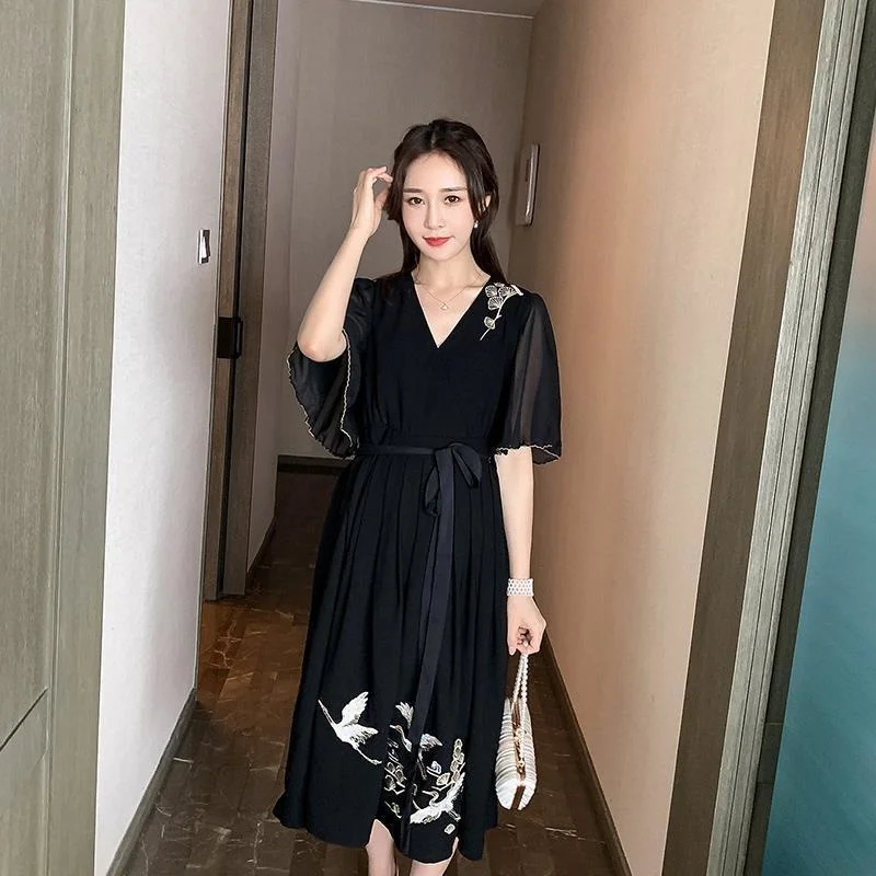 Black Short Sleeve Chinese Style Dress Plus Size Women\'s 2023 Summer Elegant Embroidery Qipao Vestido Chiffon Dress Cheongsam