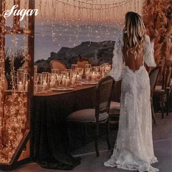 Bohemian Wedding Dresses Lace V-Neck Elegant Wedding Gown Boho Beach Bridal Dress Long Sleeves Open Back vestido novia