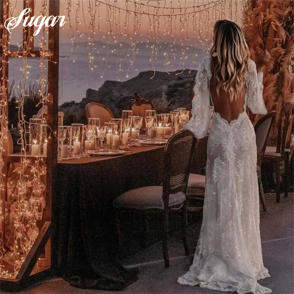 Czeskie suknie ślubne koronkowa dekolt w serek elegancka suknia ślubna Boho plaża suknia ślubna z długimi rękawami bez pleców Vestido novia