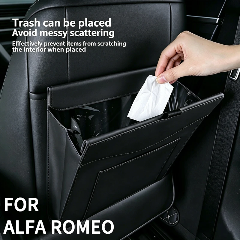 For Alfa Rome Wet & Dry Use Easy Clean Leather Car Trash Bag Foldable Front-Row Mounting Rubbish Bag Waterproof Organizer