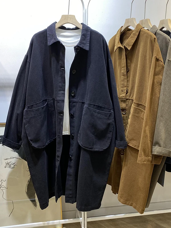 

Slim Fit Korean Sle Autumn Windbreaker Jaet Simple Artistic Vintage Collar Versatile Outerwear for plus Size Women