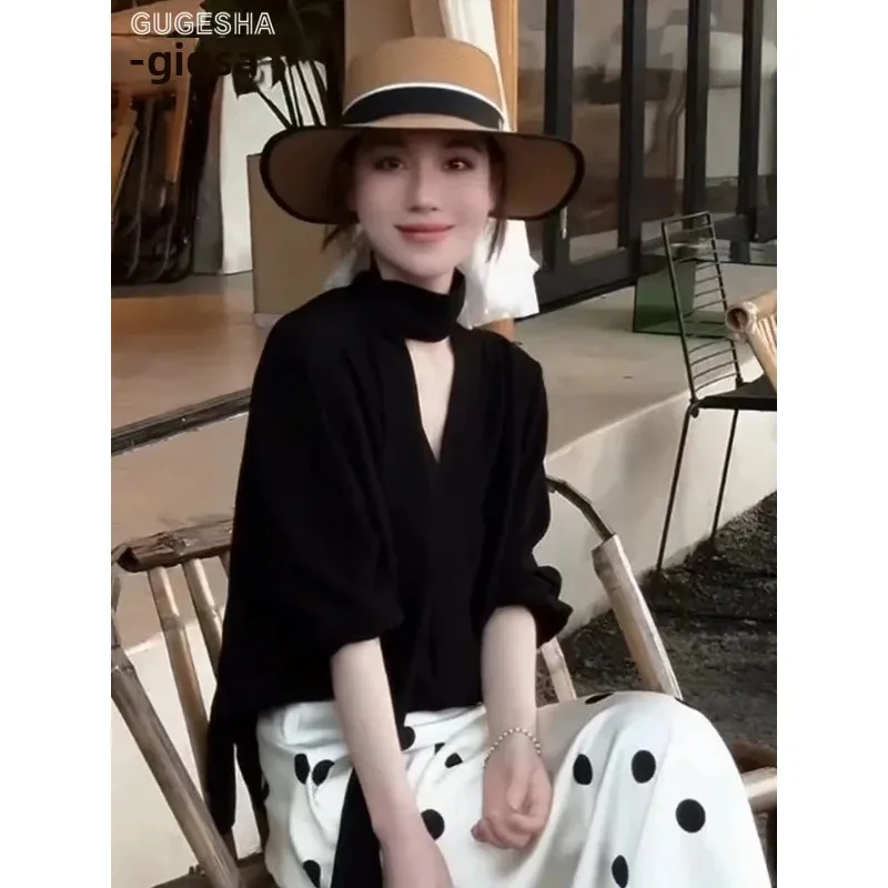 Elegant French Style Black Off-Shoulder Shirt Women's Loose Short-Sleeve Shirt with Sash Lazy Feelings Autumn New Arrival