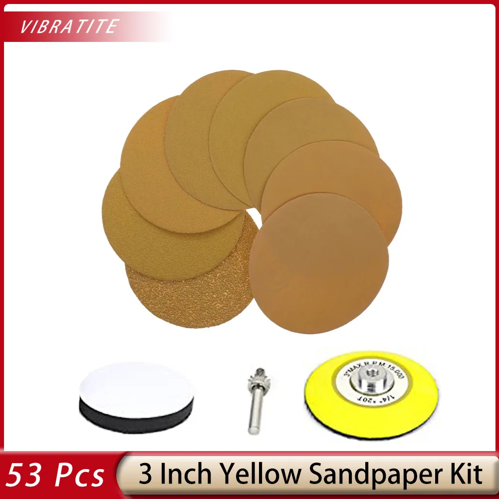 

3 Inch Yellow Sandpaper Set Hook and Loop Sanding Disc For Automotive and Woodworking 40-1000 Grit