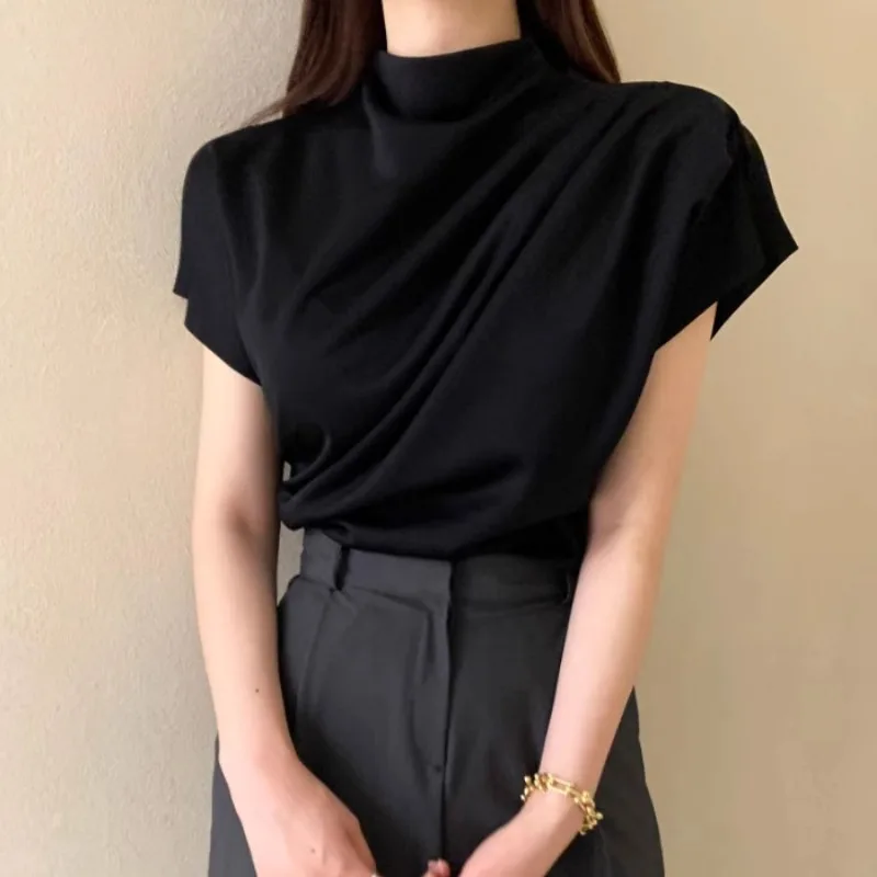 Vintage Temperament Pleated Patchwork Bat Sleeve Half High Collar Shirts Camisas De Mujer Black Blouse Blusas Tops Short Summer