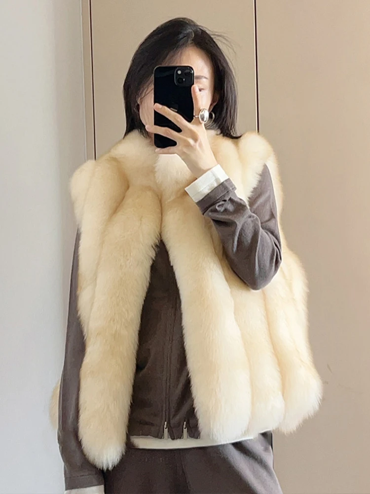 

2025 Women Winter Real Fox Fur Sleeveless Vest Jacket Gilet Natural Fur Coat Waistcoat Thick Warm Streetwear