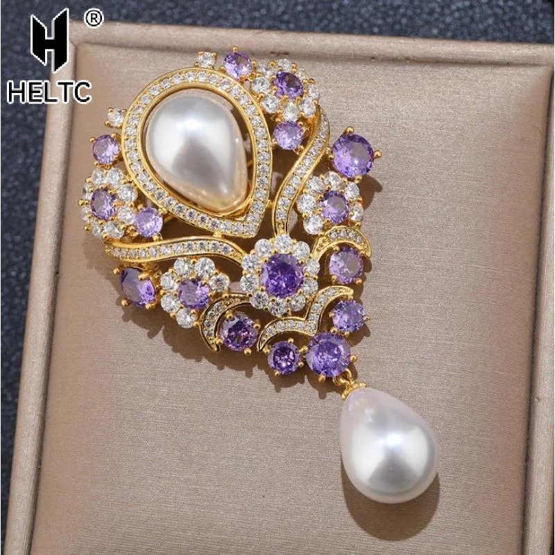 Fashionable Violet Pearl Pendant Luxurious Rhinestone Inlaid Brooch Charming Jewelry Accessories For Banquet Dresses Gifts