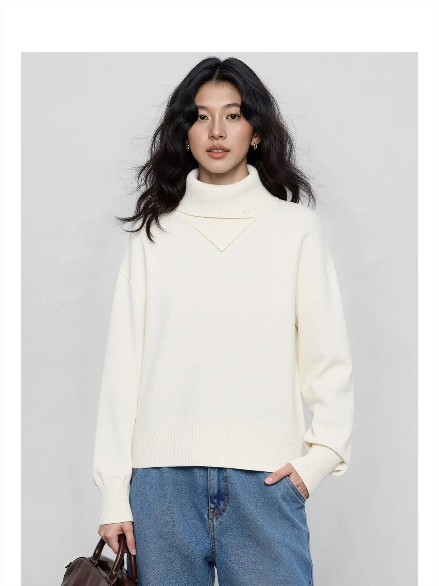 Forever 2 White High Collar Loose Women's Knitwear Casual Sle Autumn Winter Design Inner Wear Comfortable Fit A-Line Sve