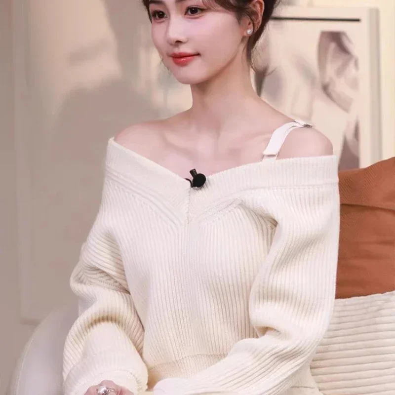 

Kpop Korean Singer Women Jazz Dance Clothes Concert Off-Shoulder Sling V-neck Knit Sweaters Crop Tops Stage Performance Costume