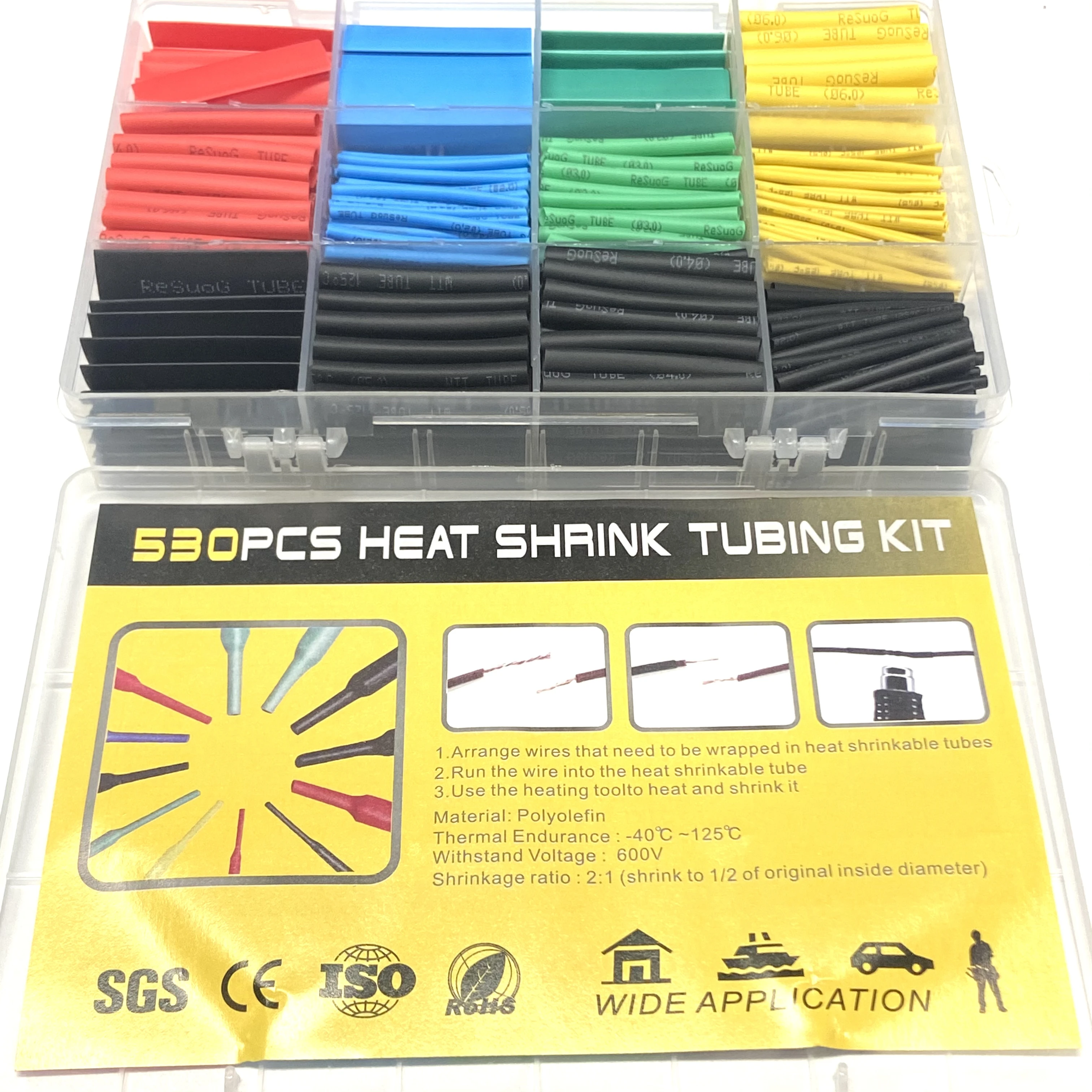 530pcs/box Heat Shrinkable Tube Shrinking Assorted Polyolefin Insulation Sleeving 2:1 Wire Cable Sleeve DIY Wire Repair