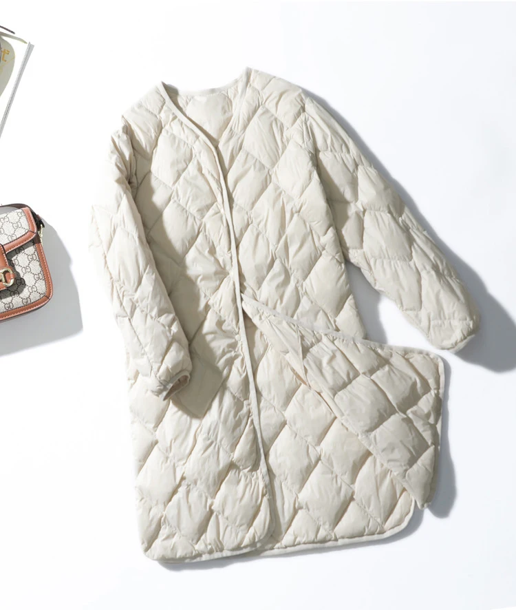 Schinteon Women Ultralight White Duck Down Long Jacket Argyle V-neck Collar Casual Autumn Winter Outwear Coat 2026 New Fashion