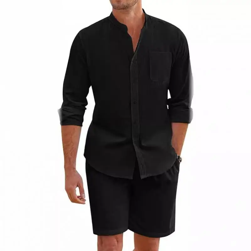 2024 Men Summer Sets Mens Cotton Linen Shirt + Shorts Cardigan Male Simple Casual Beach Shirts Comfortable Hawaii Wear