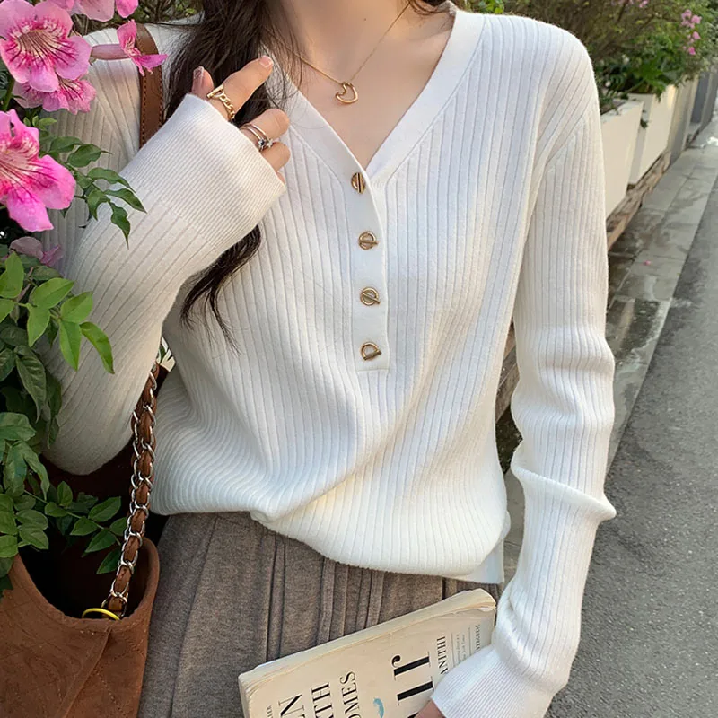 

Вязаный свитер, женские пуловеры, новый белый вязаный свитер с длинным рукавом и круглым вырезом, пуловер, женские топы, трикотажные изделия Sueters De Mujer Q979