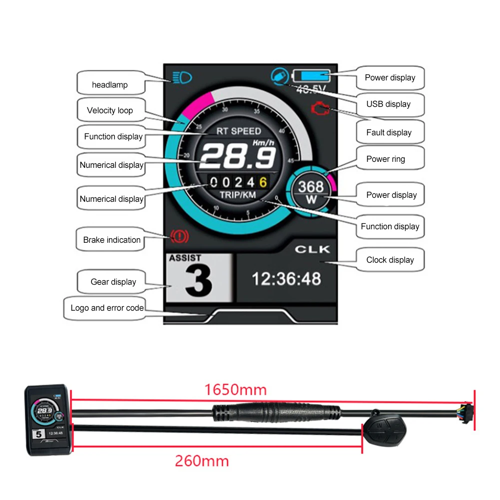 1pc Ebike Display Lithium No.2 Protocol 3.5Inch TFT-UKC1 Colorful Display 36V 48V 52V 60V 72V For Sabvoton Ebike Color Display