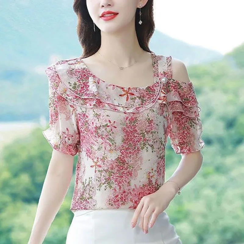 Fashion Printed Spliced Ruffles Off Shoulder Floral Blouse Women\'s Clothing 2023 Summer New Casual Pullovers Office Lady Shirt