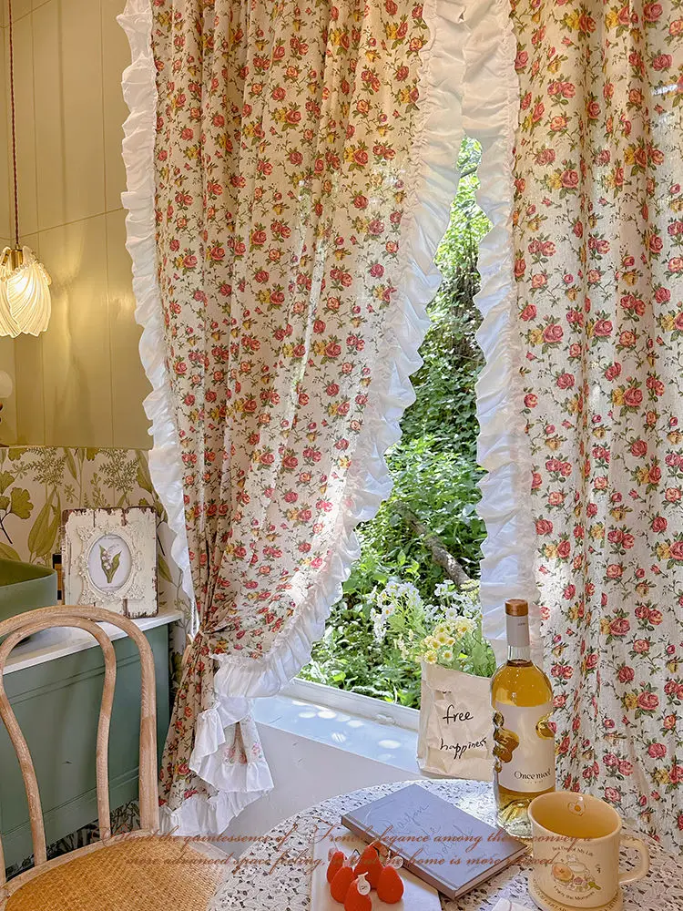 American Ruffled Edge Curtains, Lace French Countryside Style Printed Rose Bedrooms, Ins Style Bay Windows, Screen Curtains,