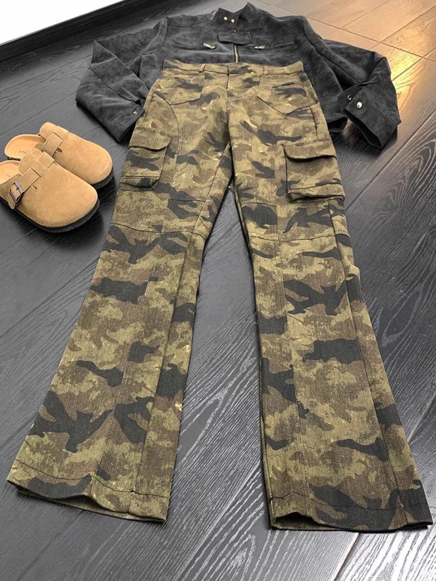 Retro American Flared Camouflage Jeans Men's Fce Lined High Street Pants Multiple kets Logging Workwear Casual Jeans