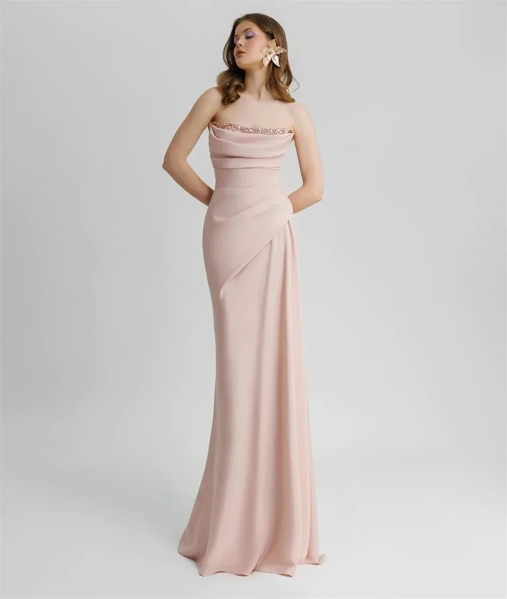 Elegant Light Pink Evening Formal Dress Strapless Heavy Beads Floor Length Satin Prom Pageant Party Gowns Robe De Soiree
