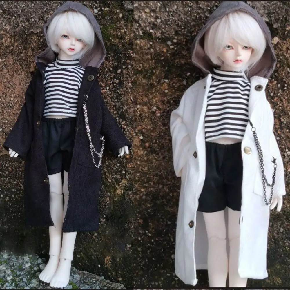 Handmake Doll Windcoat White&Black with Chain Doll Hoodies Jacket DIY Accessories for 1/3 1/4 1/6 BJD 30/45/60cm Dolls