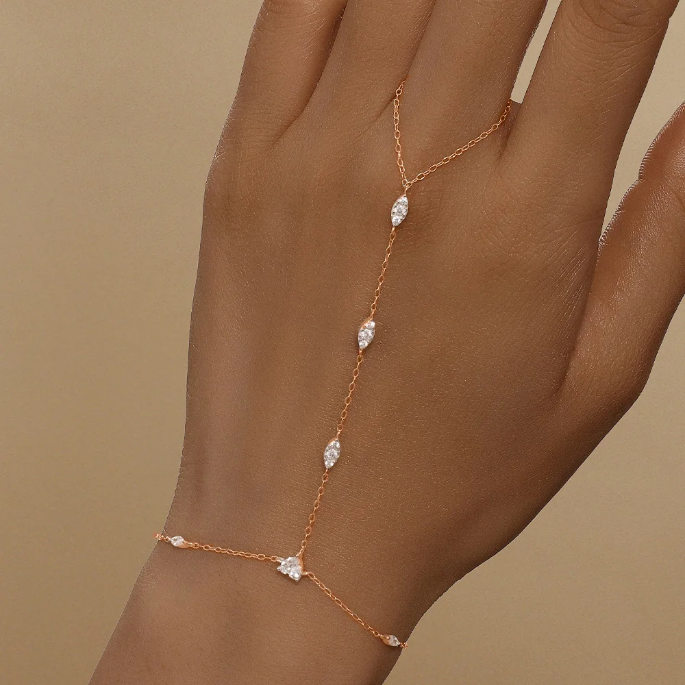 EWYA 5A Zircon Finger Ring Chain Bracelets Horse Eye Lucky Clover Lab Diamond Bracelet for Women Adjustable 925 Silver Jewelry