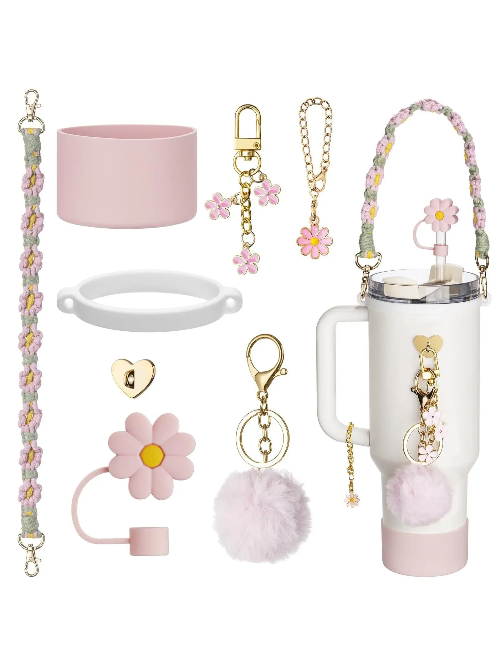 Hot Selling for for Stanley Water Cup Accessories Daisy Hand Strap Silicone Ring Floral Straw Topper Pom Pom Silicone Cup Holder