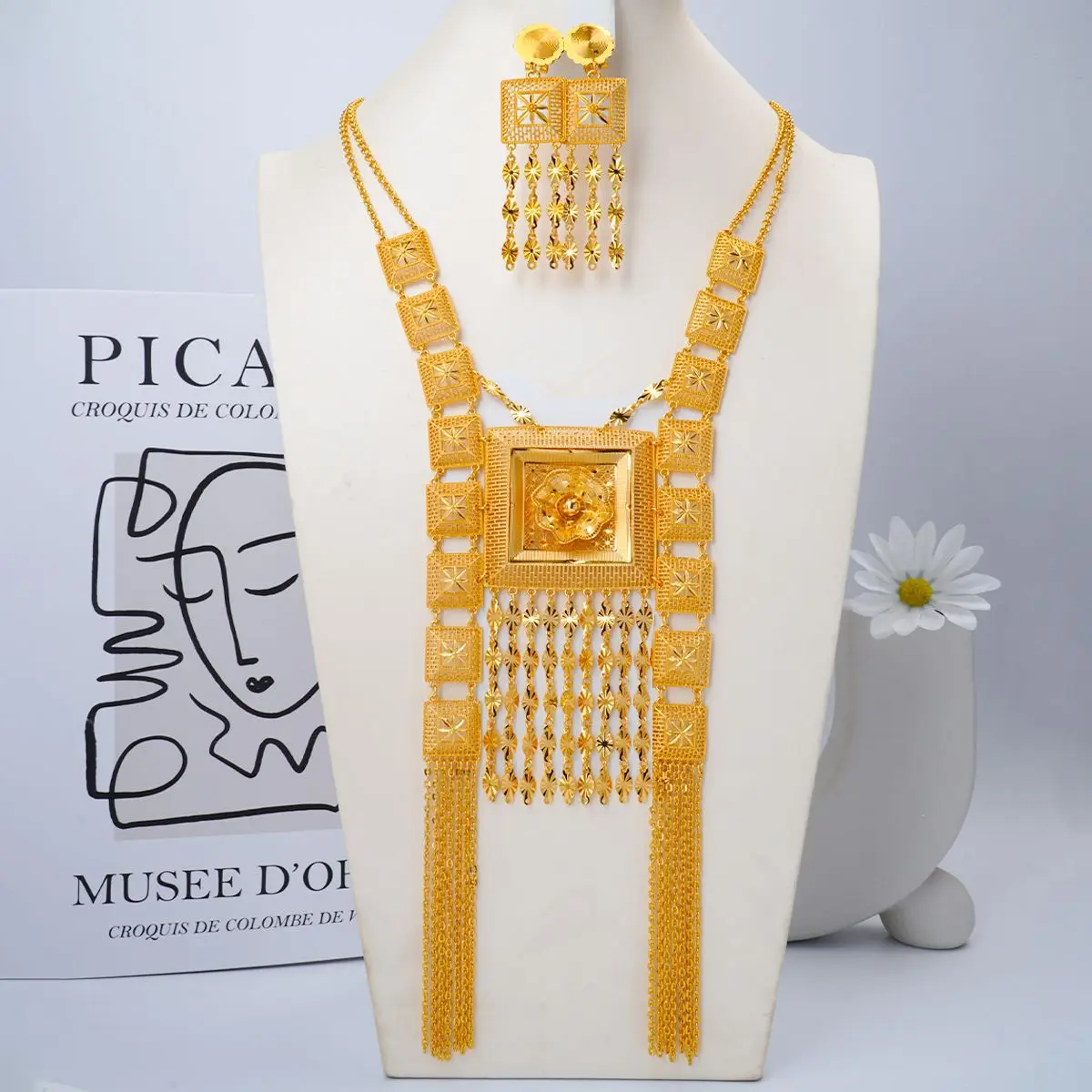 Luxury 24K 9999 Pure Gold real gold Middle East women's necklace set geometric hollow carved necklace earrings