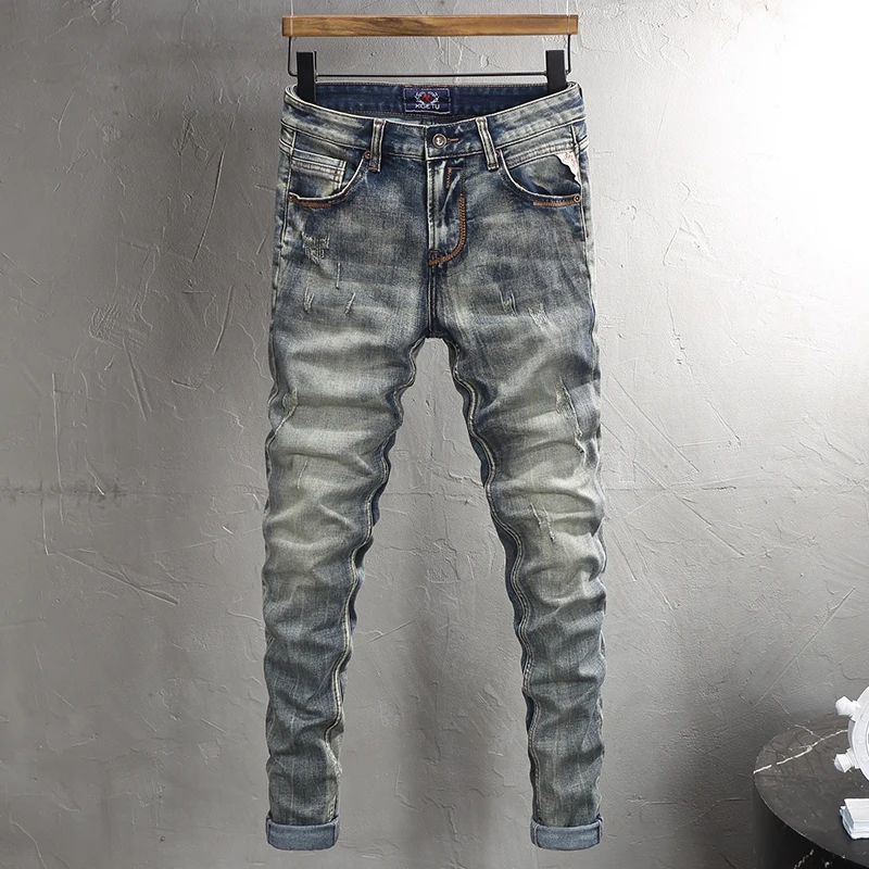 

Fashion Designer Men Jeans High Quality Retro Washed Blue Stretch Slim Fit Ripped Jeans Men Italian Style Denim Pants Hombre