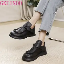 GKTINOO 3cm New Ethnic Woman Comfy Retro Cow Genuine Leather Autumn Buckle Shoes Ergonomic Soft Oxford Soled Flats Leisure Loafe