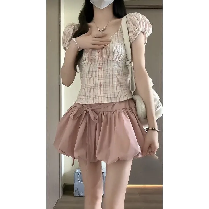 Summer Woman Korean Fashion 2 Piece Set Woman Sweet Pink Plaid Blouse + Kawaii Mini Skirt Casual Japanese Style Suit Chic