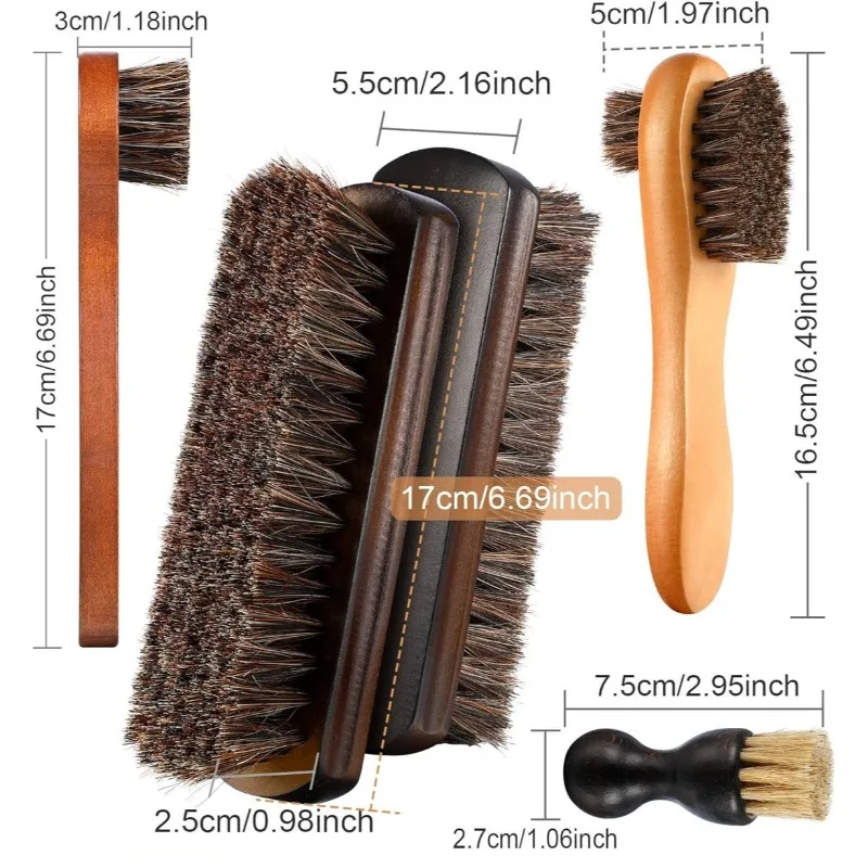 3Pcs Horsehair Shoes Polish Brushes Kit for Leather Shoes Boots Care Cleaning and Polishing with Daubers Applicators
