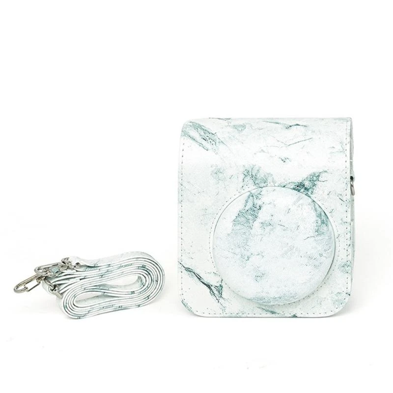 E56B Elegant White Camera Cover With Marble Design For Mini 12/11 Cameras, PU Leather Case Storage Bag