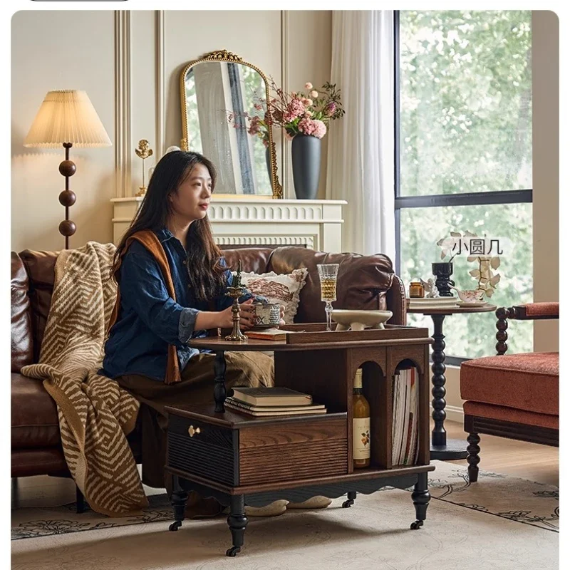 

French retro all-solid wood trolley, American living room movable coffee table, medieval dining car home with wheel edge table