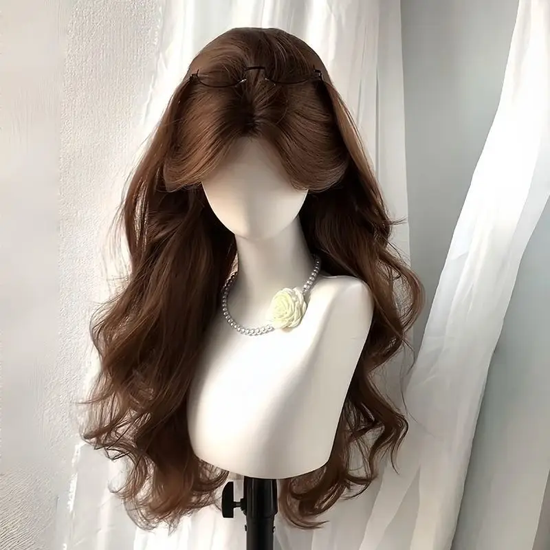 

Honey Brown Wig A Woman with A Wig Has Long Hair with A Middle-parted Figure-eight Fringe Lazy Big Wavy Long Curls Headband Wig