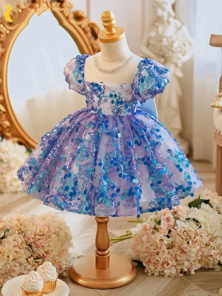 Flower girls Princess bright flower blue Sequin children's Wedding Ball formal communion birthday party pompous evening dress