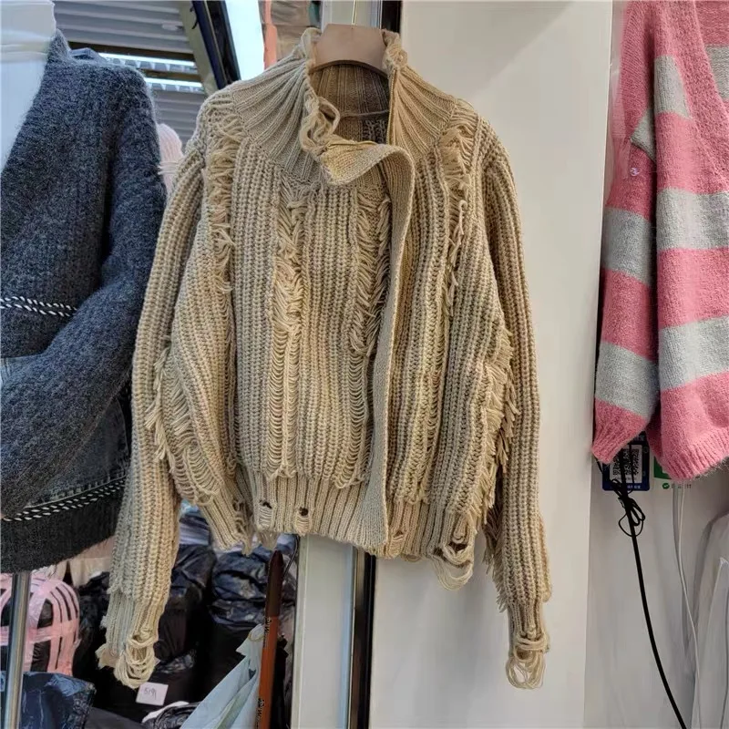 Cappotto maglione strappato con nappe asimmetriche moda coreana femminile 2023 autunno inverno dolcevita con Zip maglione lavorato a maglia marea