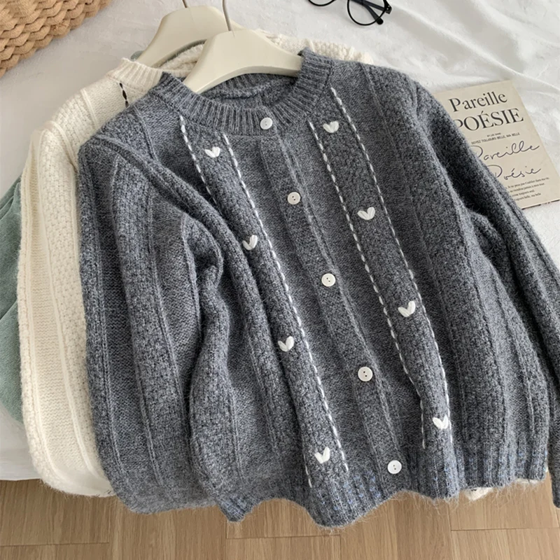 Vintage Häkeln LIEBE Gedruckt frauen Strickjacke Herbst Winter Sanfte Lange Hülse Lose Pullover Jacken Weibliche Weiche Strickwaren