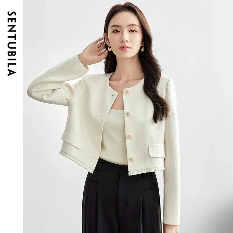 

SENTUBILA Short Tassels Jackets for Women's 2025 Spring French Style Elegant Straight O Neck Chic Button Overcoat 151W58260