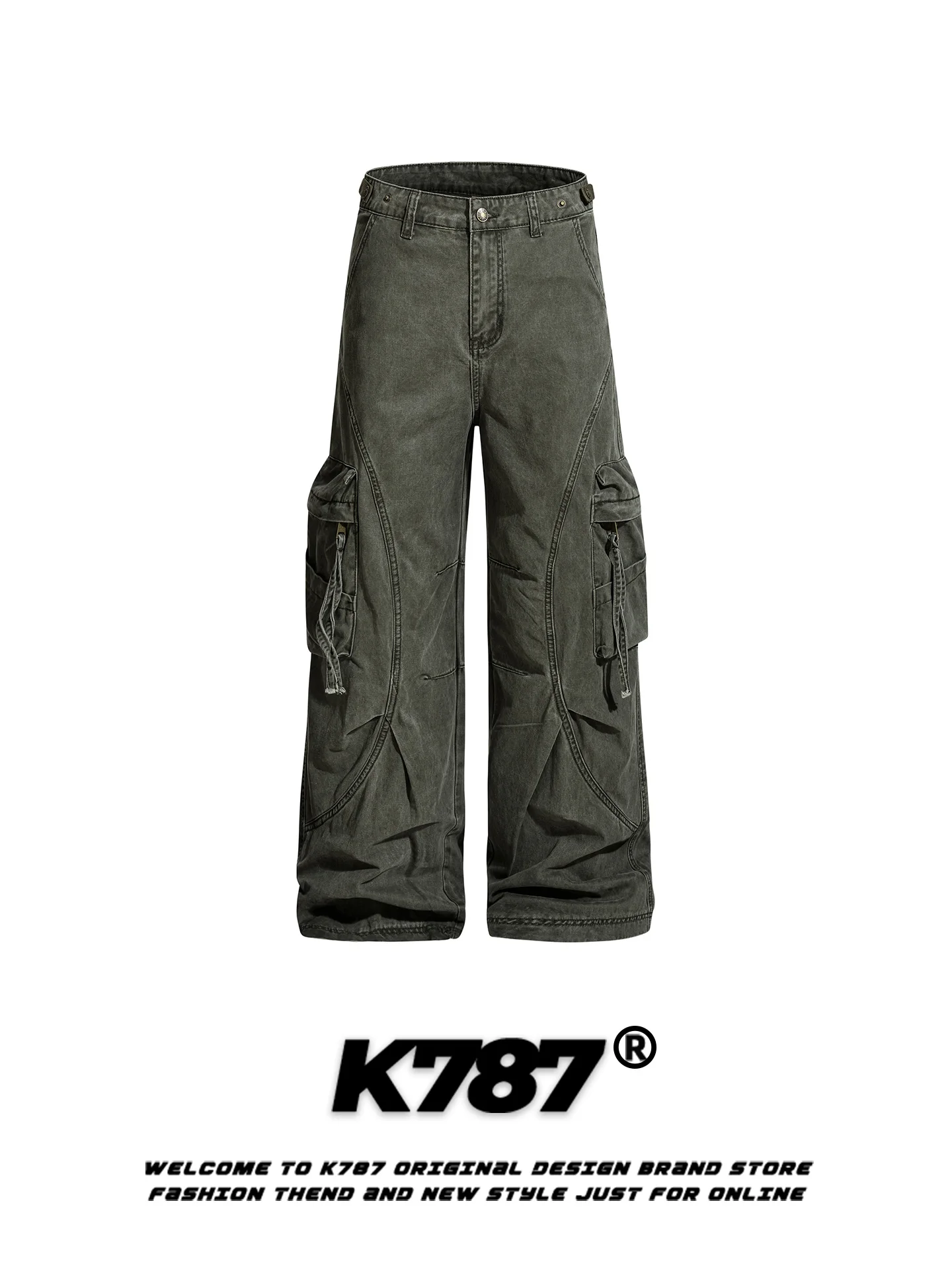 

K787 American Retro Work Pants Men Women Loose Wide Leg Straight Cut Trousers Multiple kets Casual Commute Sle Cotton