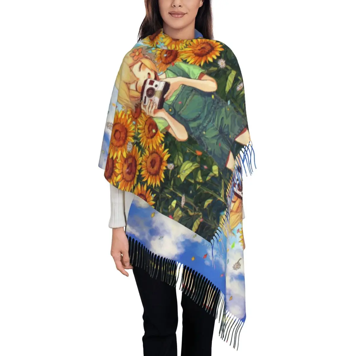 

Базовая шаль с подсолнухом для женщин, теплый длинный мягкий шарф, шарфы с кисточками из пашмины и рисунком омри