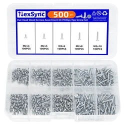500pcs Flat Head Wood screws Assortment kit Phillips Tips screw set M2x4 M2x5 M2x6 M2x8 M2x10 Self-tapping Screws Wood Screw