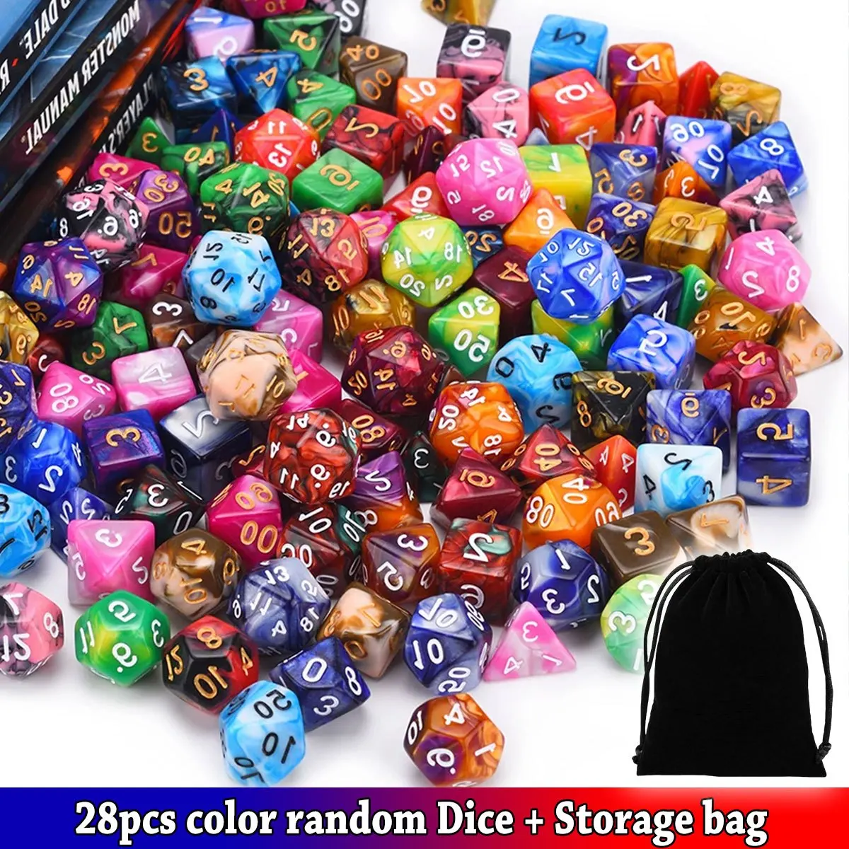 

Набор многогранных кубиков для D&D из 28 штук (4 набора по 7 кубиков) - аксессуары для настольных ролевых игр с черным мешочком на шнурке ZSY